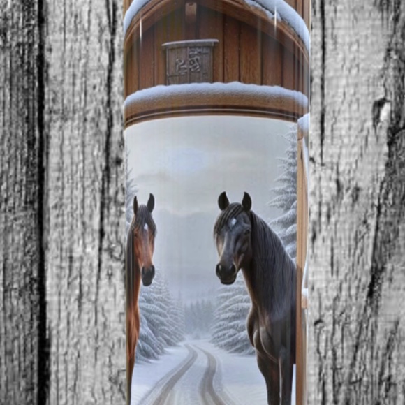 Horses with Winter Scene and Barn 20 oz Skinny Tumbler - Picture 4 of 5